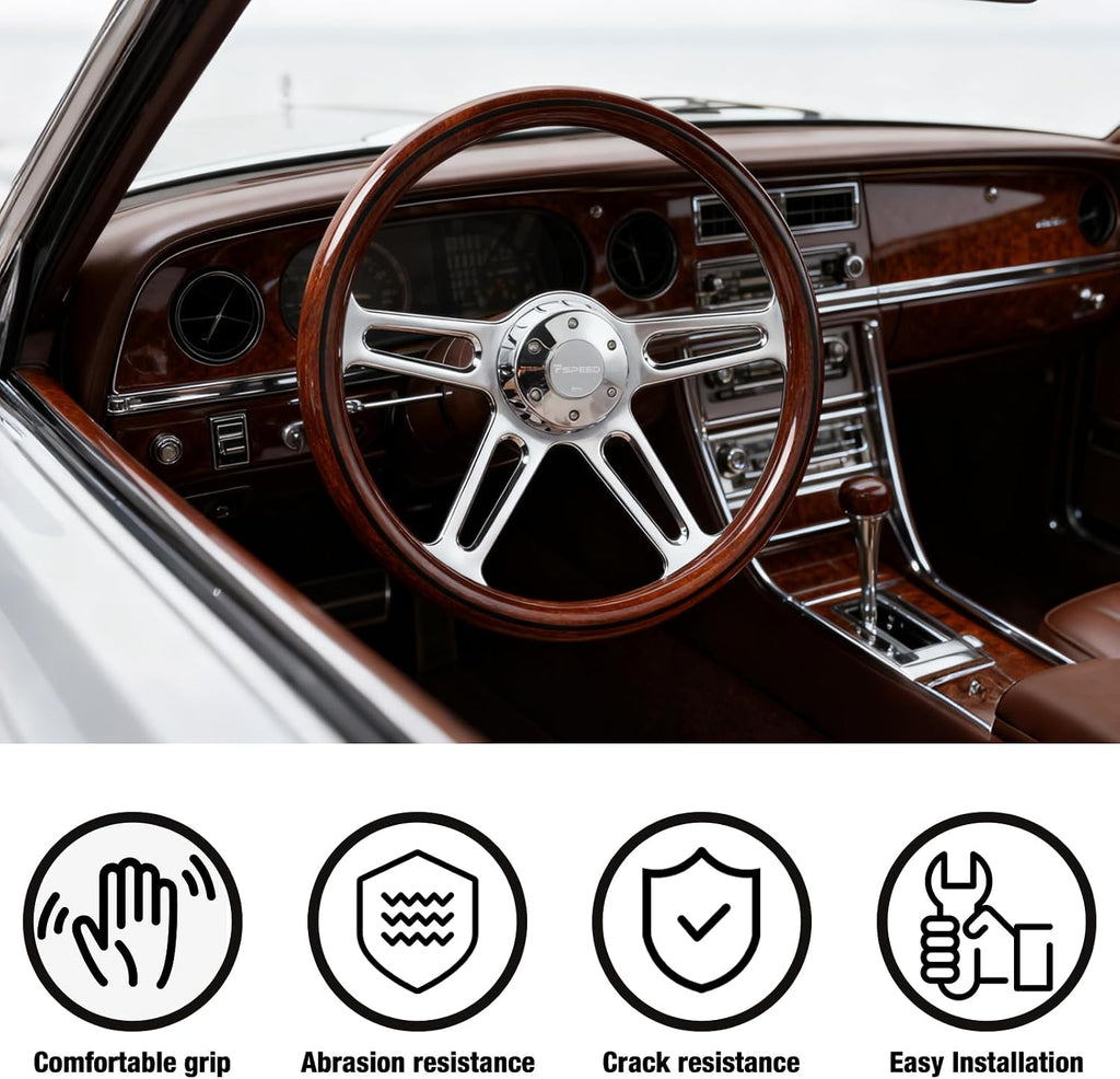 18 in Solid Wood lacquering Truck Steering Wheel,4 Spokes 5-Bolt Chrome Aluminum Classic Wood Grain Steering Wheel 5 Bolt fit For Kenworth,for Peterbilt,for Volvo,for Freightliner