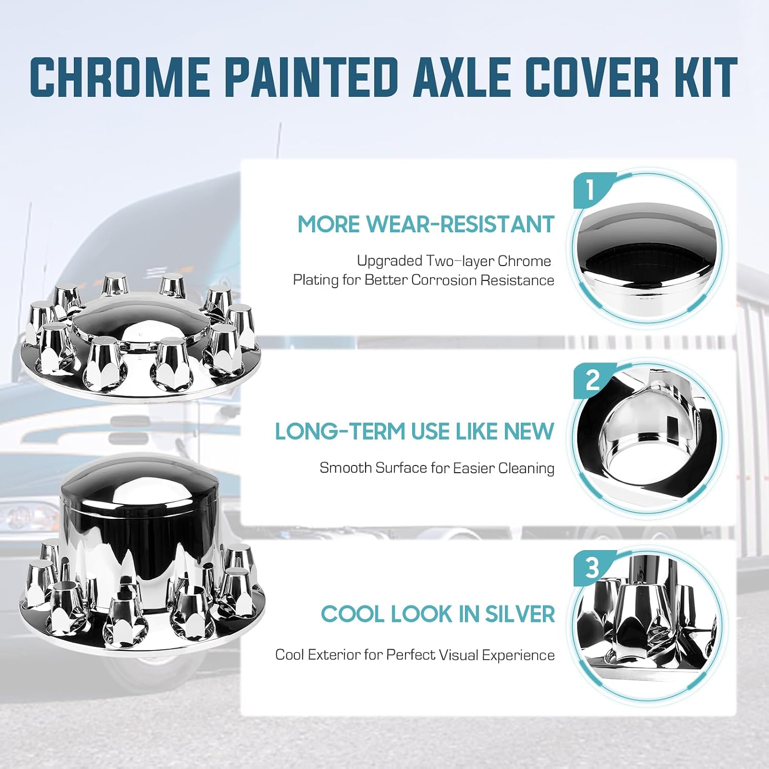 2 Front and 4 Rear Axle Wheel Covers 33mm Axle Cover Dome Chromed Thread-On Standart Lug Nut Covers with Removable Hub Caps for Semi Truck (Installation Tool Included)