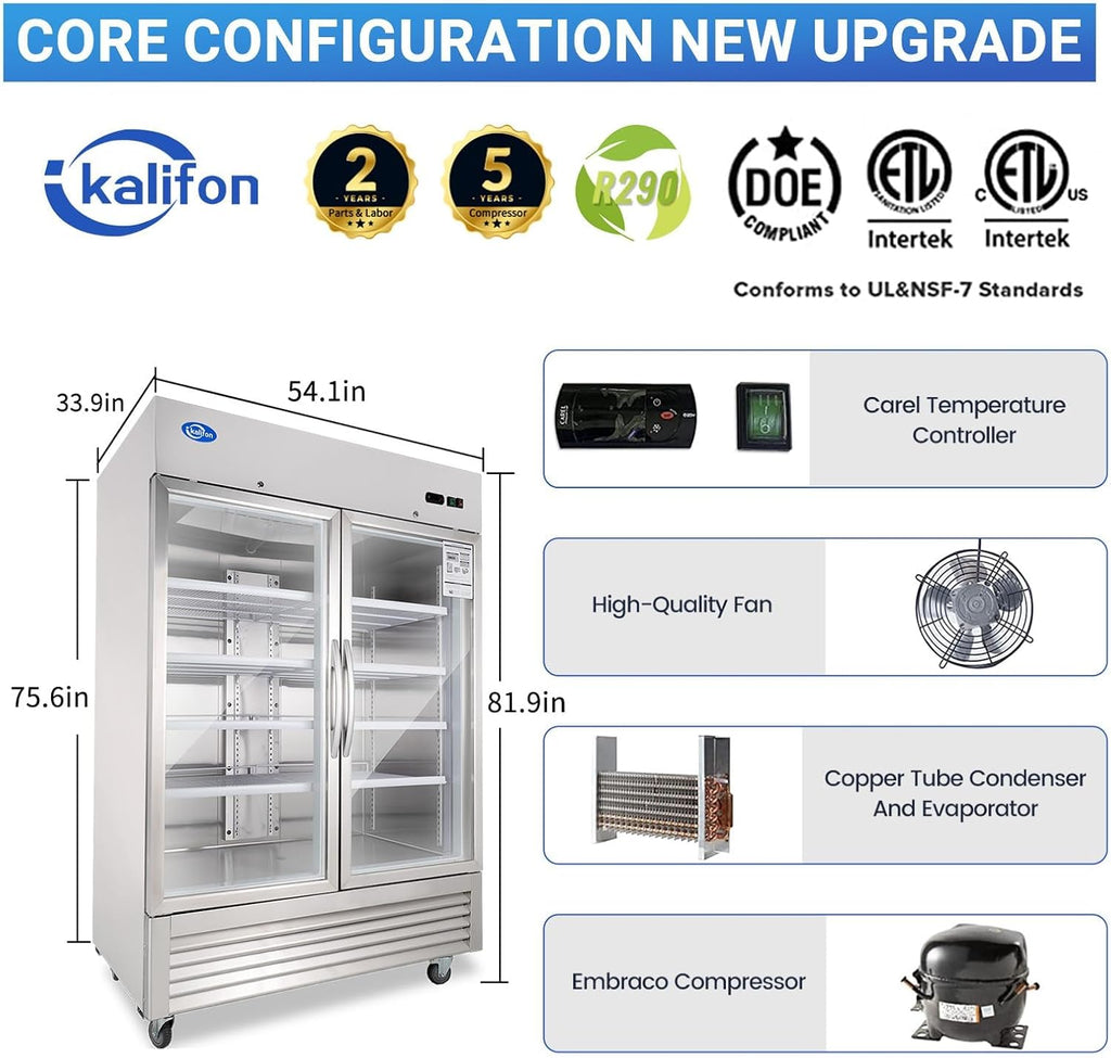 49 Cu.Ft Commercial Beverage Refrigerator, Glass Door Drink Fridge with LED Light, 8 Adjustable Shelves, Lockable Upright Merchandiser for Restaurant, Supermarket, Gym, Cafe