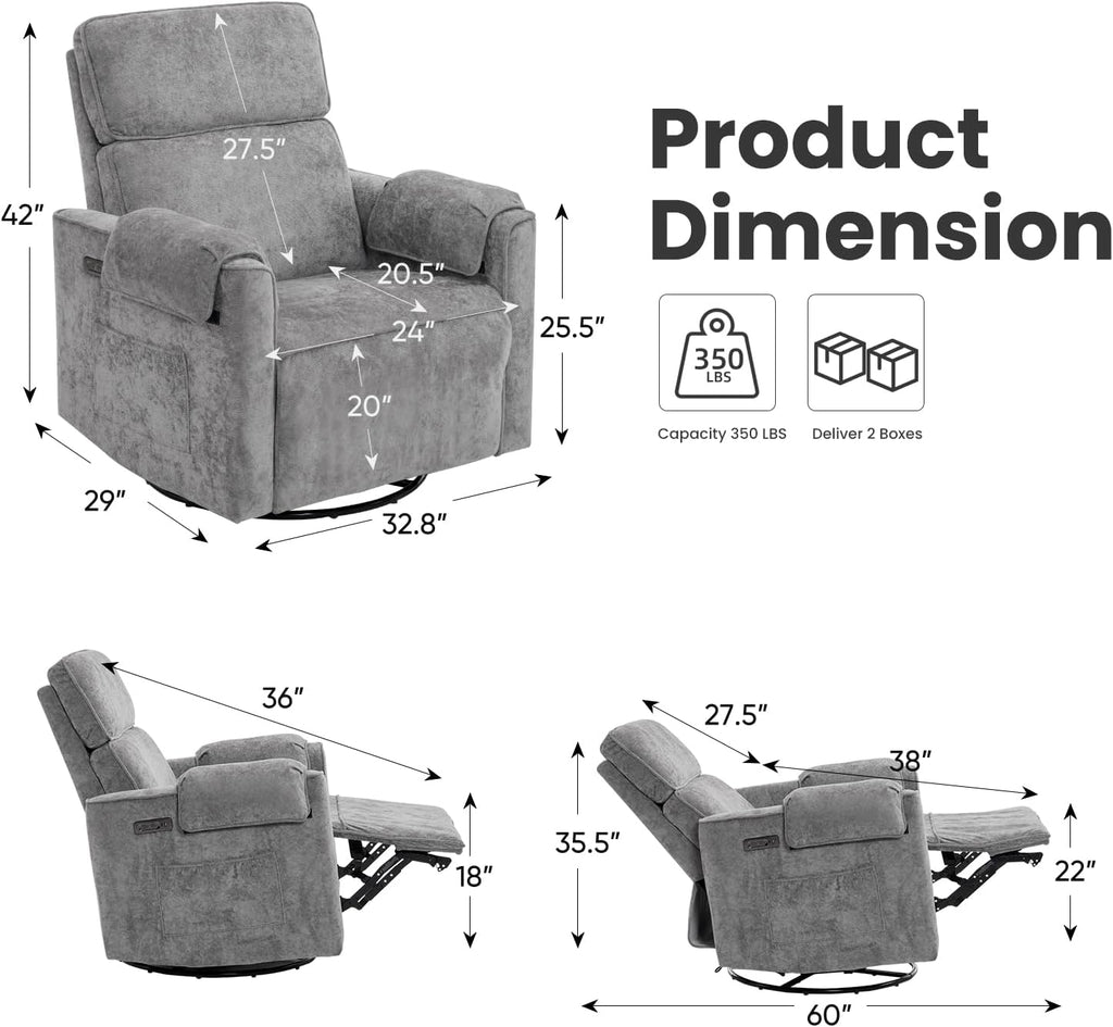 Chenille Rocking Chair Nursery with Adjustable Headrest, 24' Extra Wide Swivel Rocker Recliner with Overstuffed Armrest, Oversized Power Rocker Recliner with USB Ports, Grey