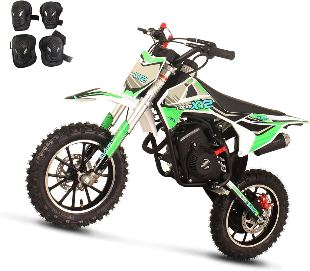 58cc Dirt Bike, 4-Stroke Gas Power Mini Pit Bike,Off-Road Motorcycle for Kids,Pull Start,10' Tires,with Child Protective Equipment Sets(GreenWhite)