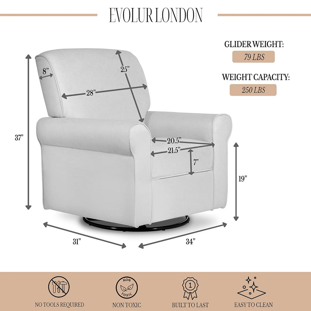 Evolur London Upholstered Plush Seating Glider Swivel, Ergonomically Designed for Nursery in Misty Grey, Tool-Free Assembly, Easy to Clean, Greenguard Gold Certified, Environmentally Conscious Glider