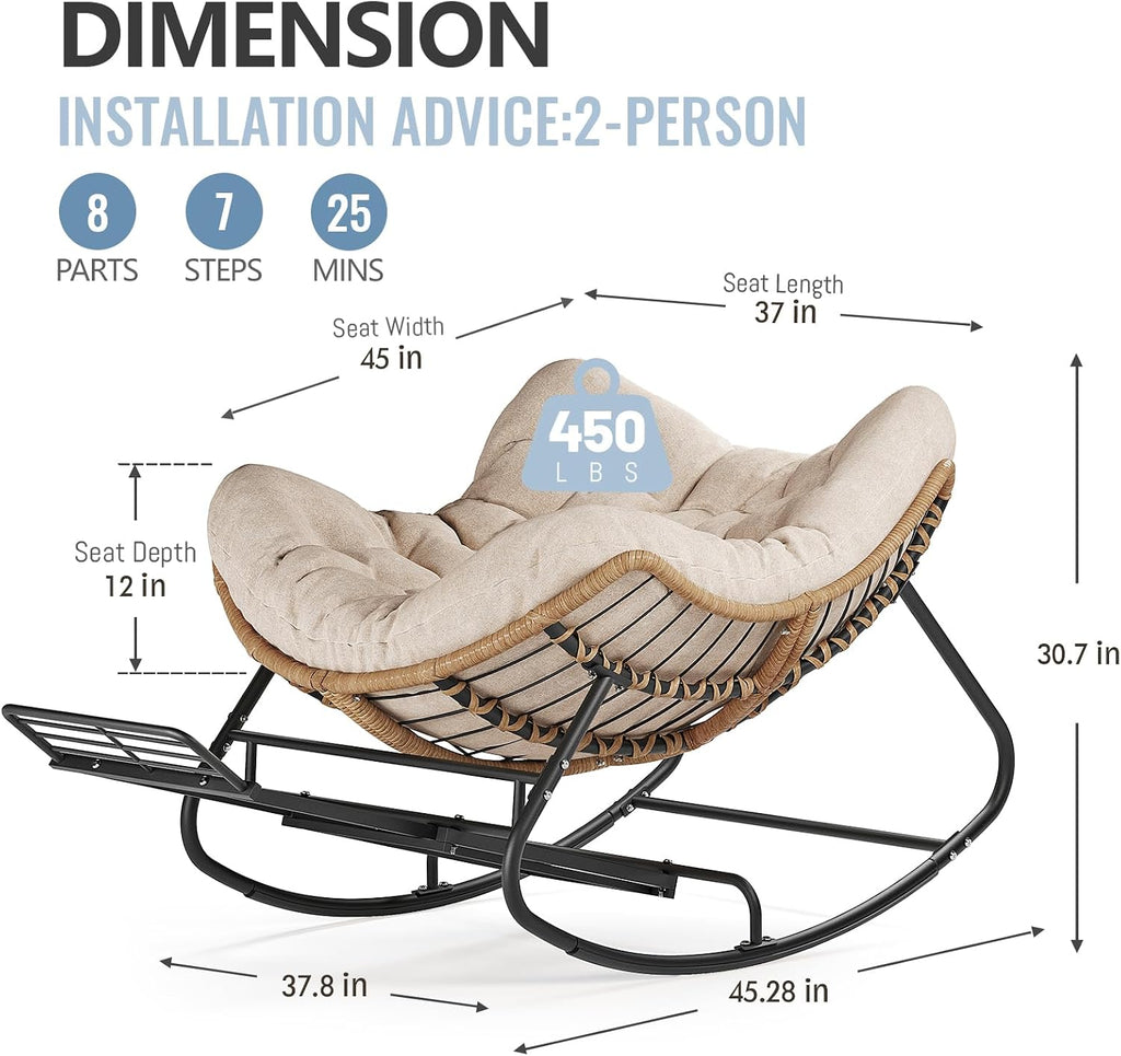SWITTE Outdoor Papasan Rocking Chair with Footrest, Oversized Patio Egg Chair with Thick Cushion, Indoor Wicker Lounge Rocker Bed for Balcony, Porch, Garden, Beige