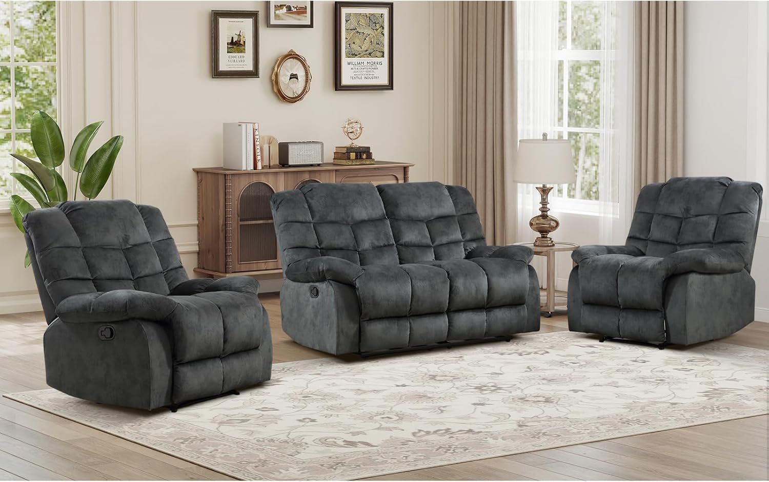 CANMOV Manual Reclining Sofa Set, 3 Pieces Sofa Set, 2 Manual Recliner Chair and Loveseat Sofa with Overstuffed Backrest and Armrest for Living Room, Furniture Set, Grey(1+1+2)