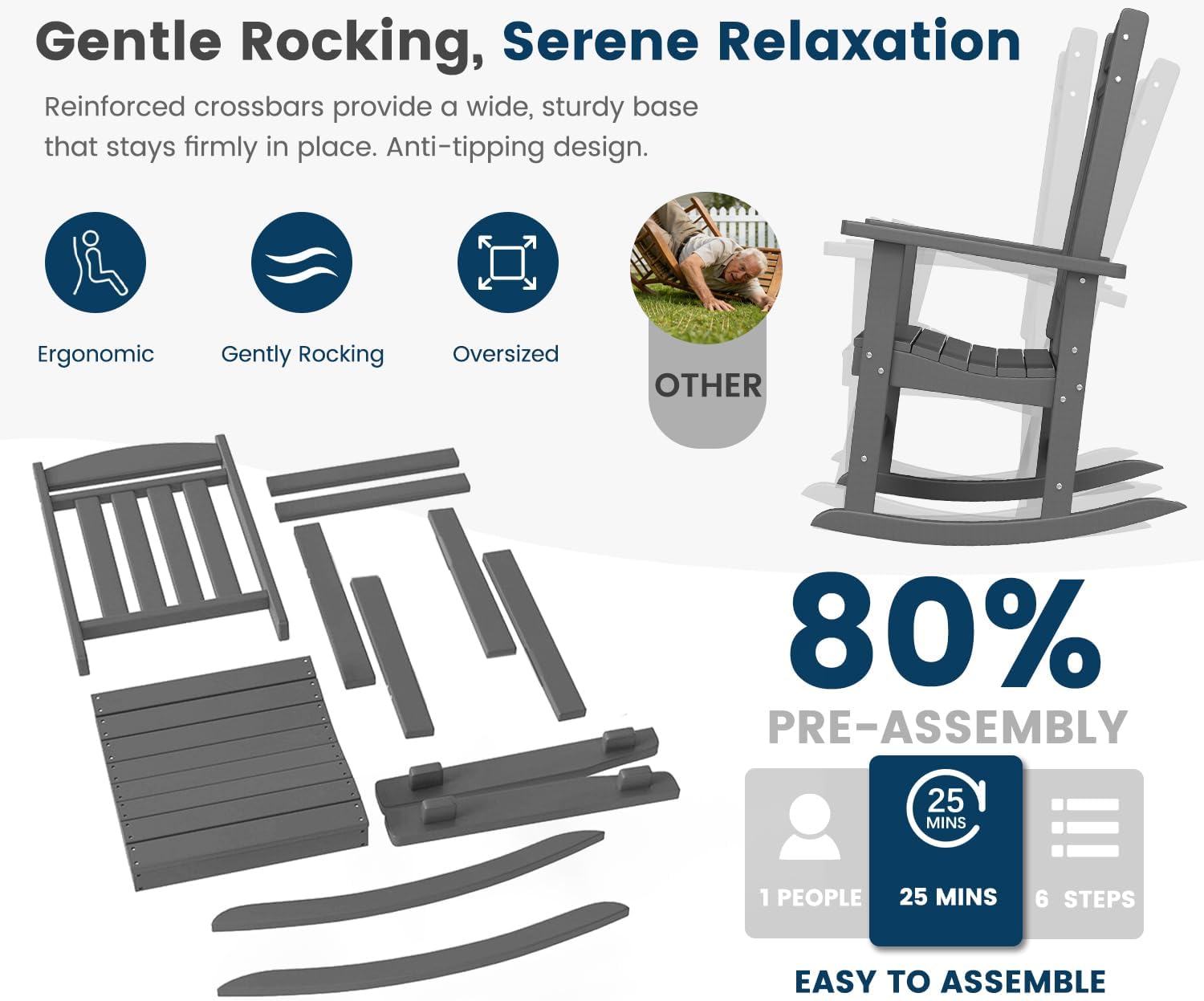 FOOWIN Outdoor Rocking Chair Set of 4, High Back Patio Rocking Chair, HDPE All Weather Resistant Porch Rocker for Adult, Oversized Rocking Chairs for Garden, Lawn, Indoor & Outdoor Use, Grey