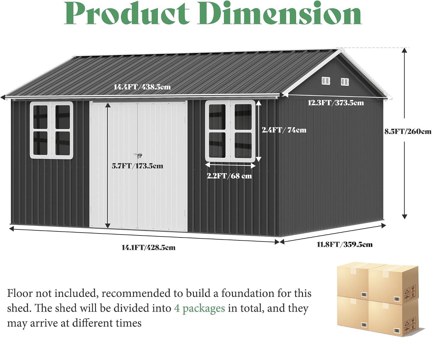 VanAcc 12 x 14FT Outdoor Storage Shed with a Lockable Hinged Door and 2 Windows, Nordic Cottage Metal Shed for Backyard, Garden, Patio, Dark Grey/White