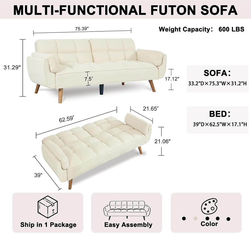 Convertible Futon Sofa Bed, Sleeper Couch Bed with Adjustable Backrests, Linen 3 Seater Small Couches for Small Spaces, Living Room, Bedroom(Beige, 75')