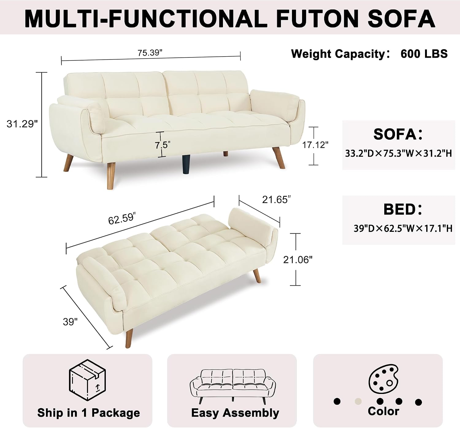Convertible Futon Sofa Bed, Sleeper Couch Bed with Adjustable Backrests, Linen 3 Seater Small Couches for Small Spaces, Living Room, Bedroom(Beige, 75')