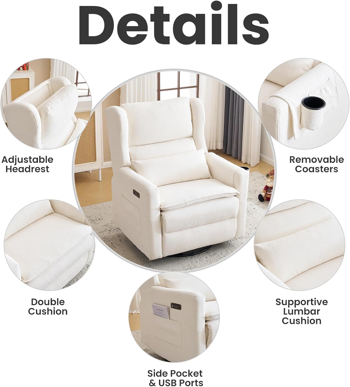 Oversized Swivel Rocker Recliner with Lumbar Cushion,Power Recliner Nursery Chair with Adjustable Headrest,Nursery Glider Recliner for Living Room,White