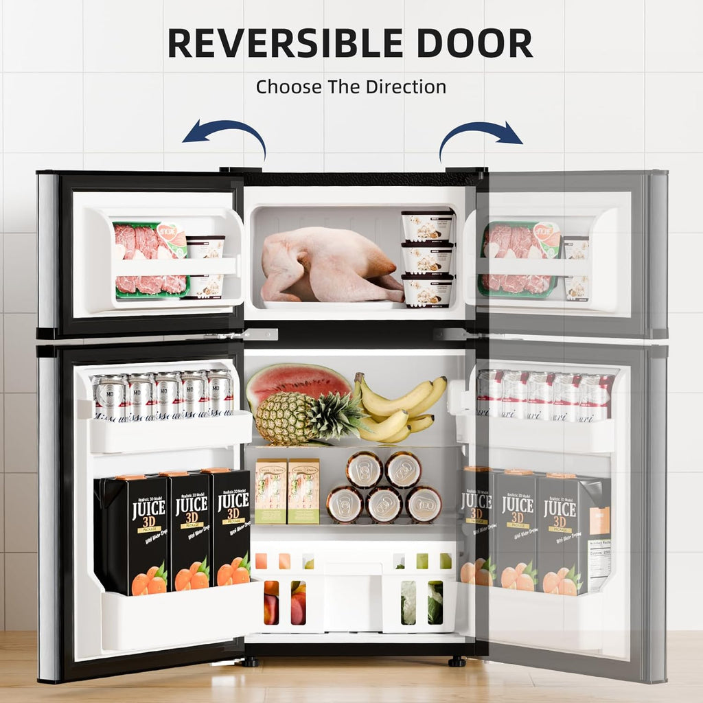 Antarctic Star Compact Refrigerator with Freezer,2 Door Mini Fridge,Adjustable Shelf,Adjustable Thermostat,for Bedroom,Office,Dorm,Kitchen,3.2 Cu.Ft.Silver