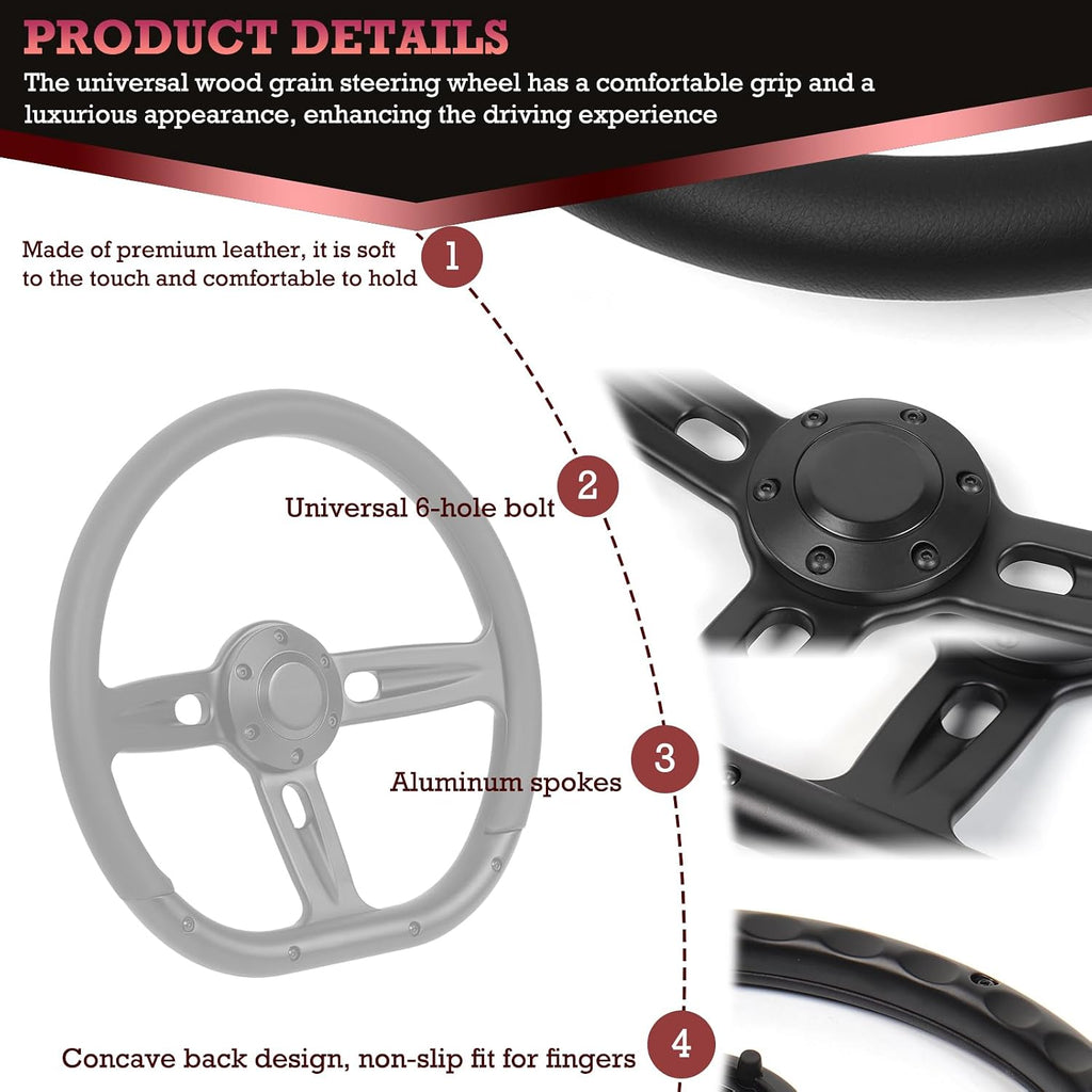 Universal 350mm 14 Inch D-Shape Steering Wheel –Black Microfiber Leather Grip,Aluminum Alloy Matte Black Spokes,6 Bolt 3 Spokes Deep Dish 50mm,Fit for Racing, Cars,Golf Carts Steering Wheel