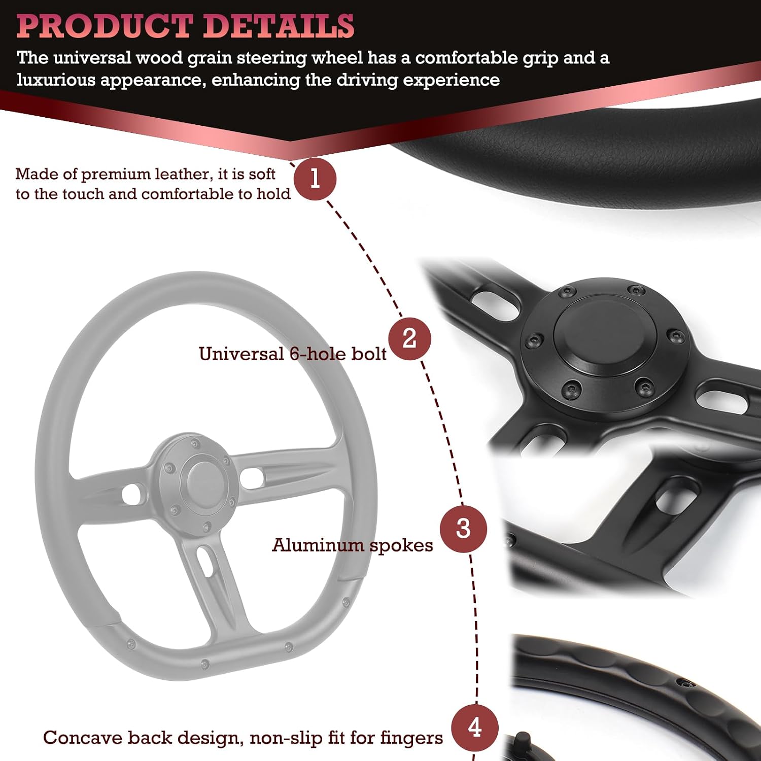 Universal 350mm 14 Inch D-Shape Steering Wheel –Black Microfiber Leather Grip,Aluminum Alloy Matte Black Spokes,6 Bolt 3 Spokes Deep Dish 50mm,Fit for Racing, Cars,Golf Carts Steering Wheel