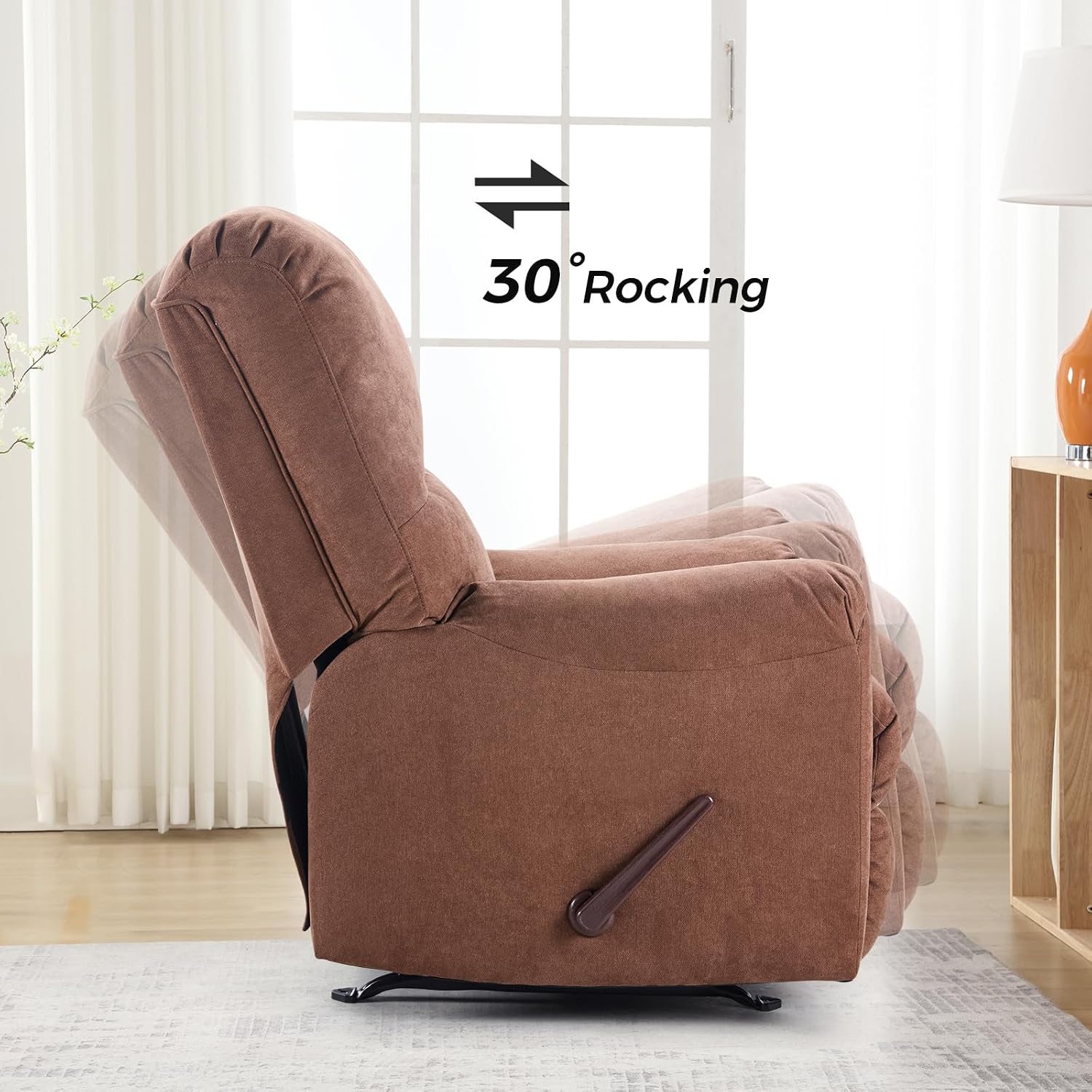 CANMOV Rocker Recliner Chair for Adults,Manual Recliner Chair with Overstuffed Backrest and Armrests, Soft Fabric Manual Rocking Reclining Sofa for Living Room, Brown