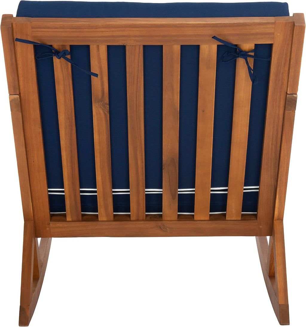 SAFAVIEH Outdoor Collection Vernon Natural/Navy Cushion with White Piping Rocking Chair