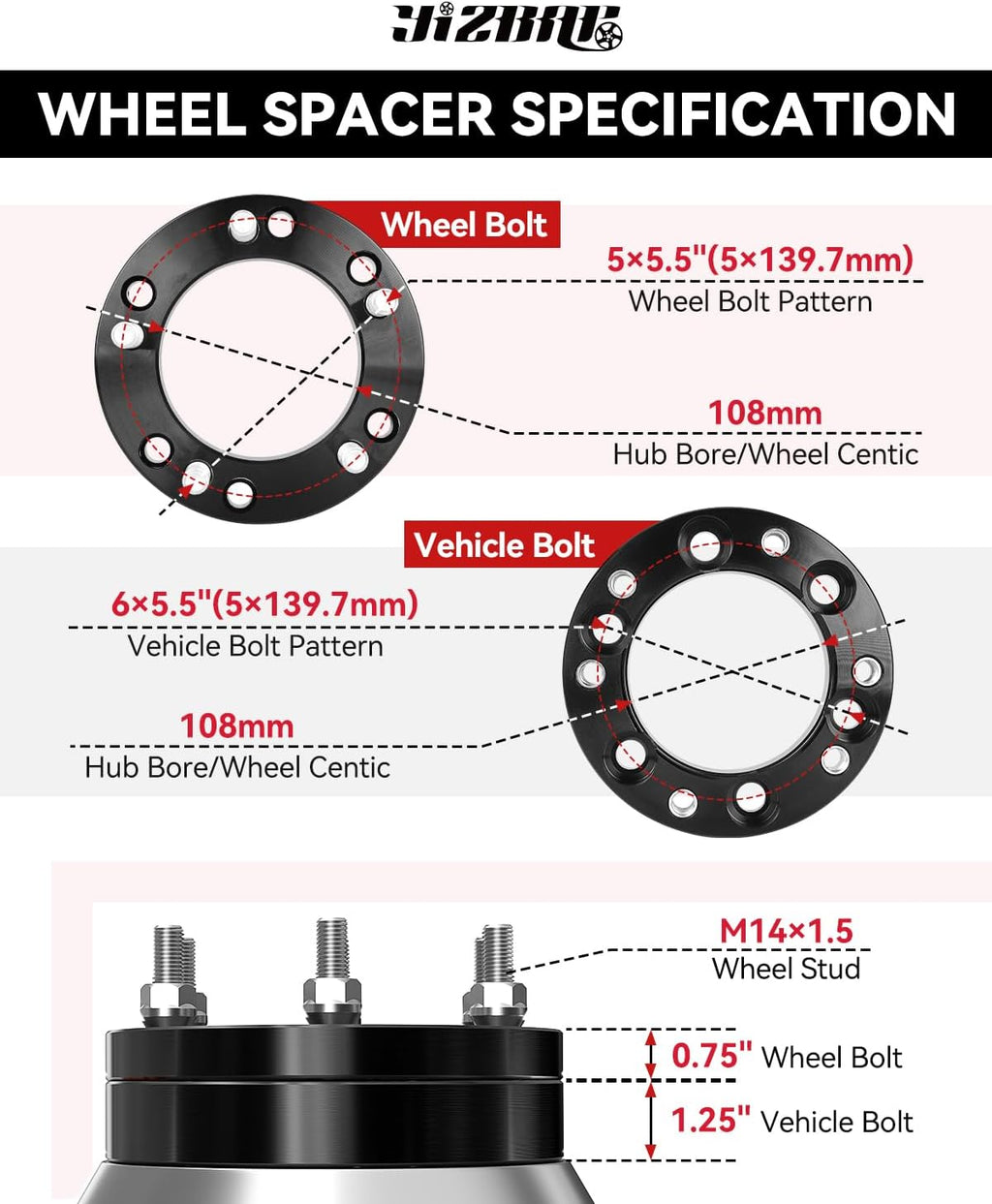 YIZBAP 2PCS 6x5.5 to 5x5.5 LugCentric Wheel Adapters for GMC Sierra Chevy Silverado 1500 Ram 1500, 2 inch 6x139.7mm to 5x139.7mm Wheel Adapter 108mm Hub bore with M14x1.5 Studs