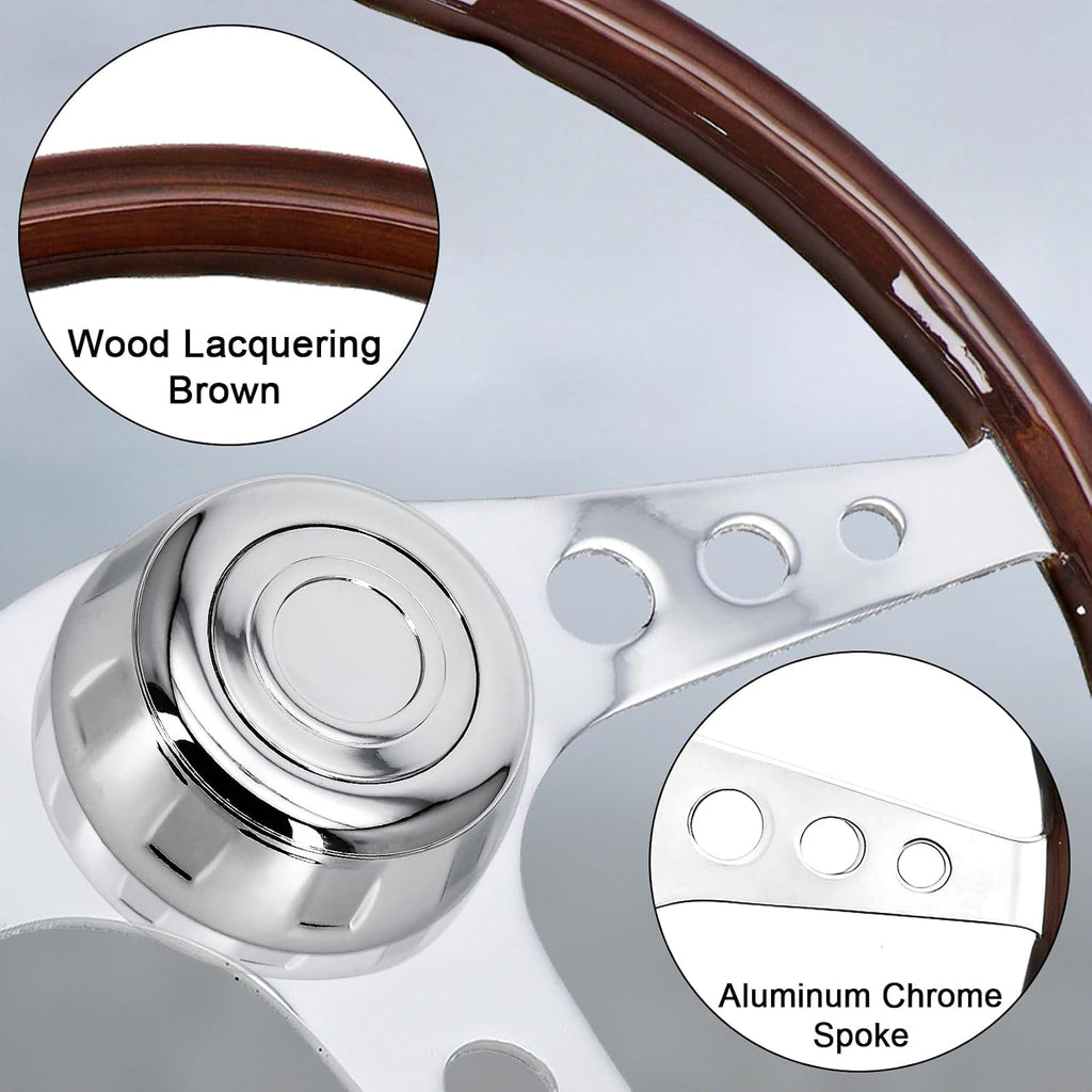Sorghum 18' Solid Wood Steering Wheel - 3 Spokes Aluminum Chrome Classic Steering Wheel with Horn Button for Trucks Compatible with Mack Kenworth Peterbilt Volvo Freightliner-Round Hollow Style