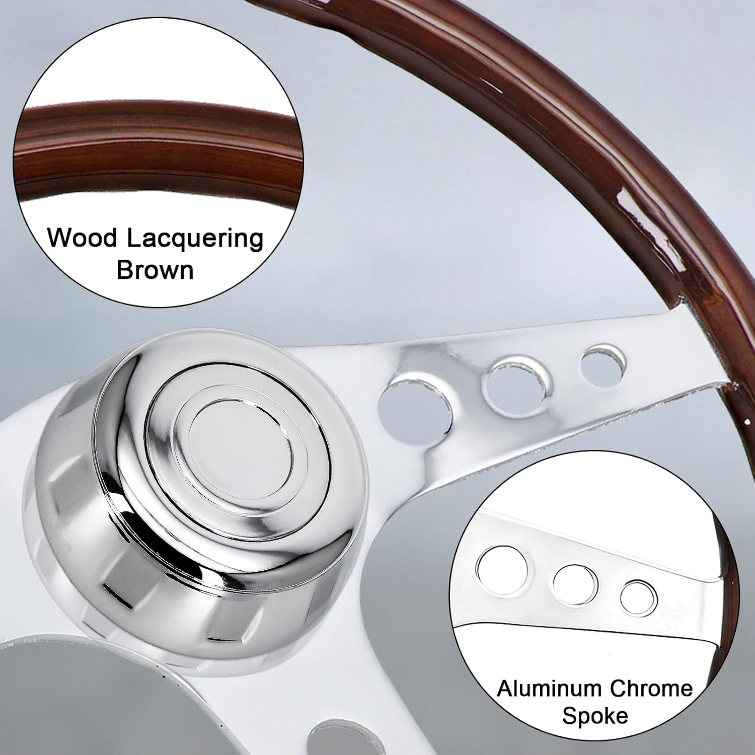 Sorghum 18' Solid Wood Steering Wheel - 3 Spokes Aluminum Chrome Classic Steering Wheel with Horn Button for Trucks Compatible with Mack Kenworth Peterbilt Volvo Freightliner-Round Hollow Style