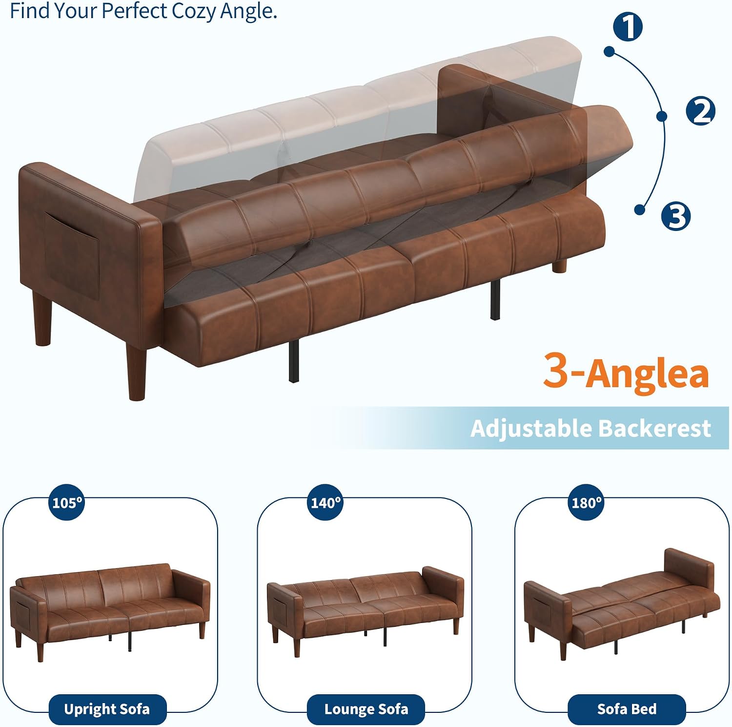 GarveeHome Futon Sofa Bed, 75-Inch Modern Faux Leather Convertible Couch, Mid-Century Loveseat for Small Space, Living Room, Bedroom, Brown