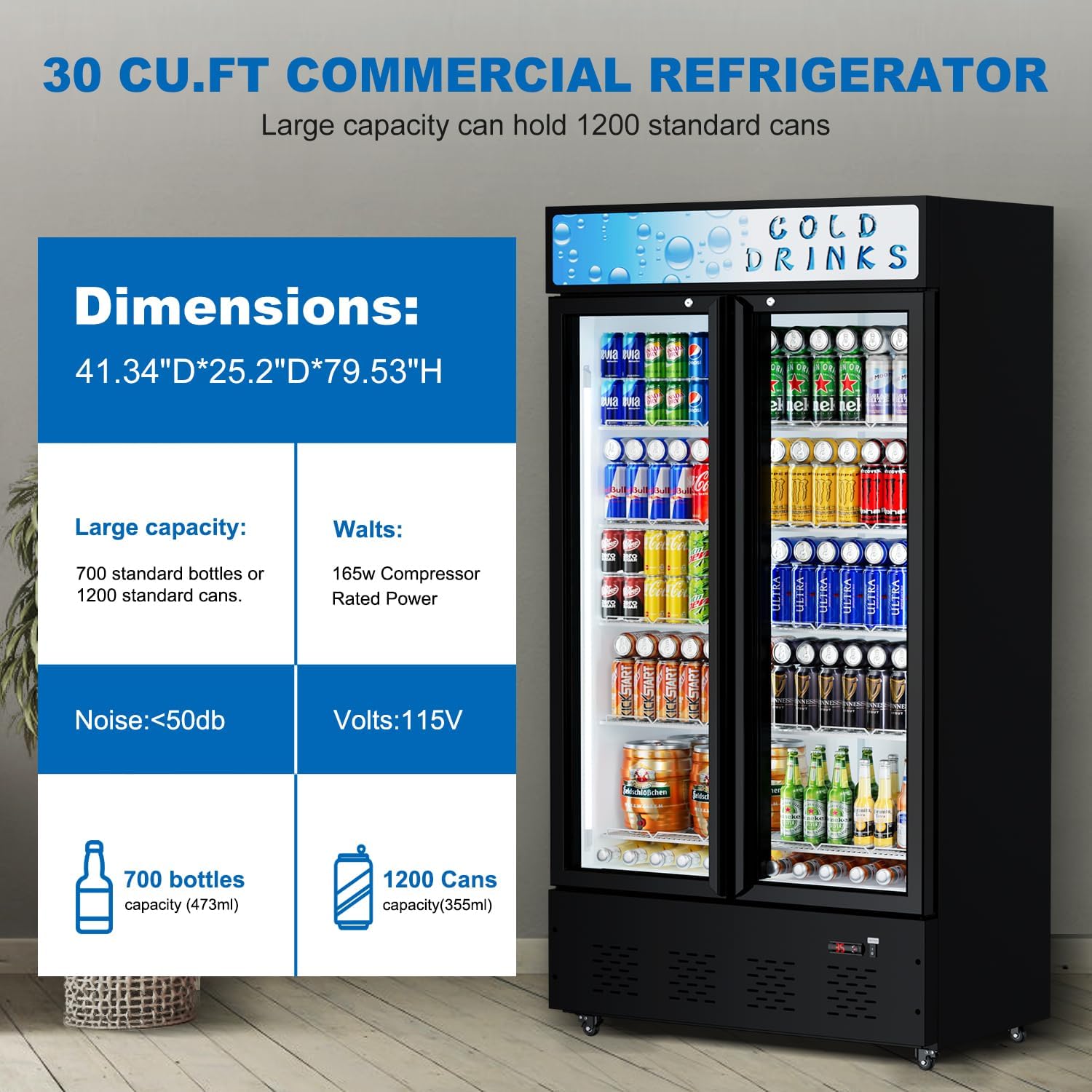 Commercial Beverage Refrigerator, 30 Cu.ft. Fridge Display Glass Door Upright Display Door with Adjustable Shelves LED Light for Restaurant,Grocery Stores,Office