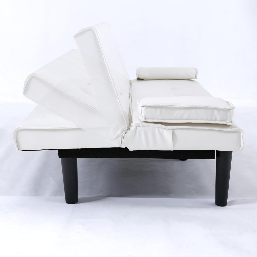KEIKI 67' Convertible Sofa Bed with Cup Holder, 3 in 1 Futon Sleeper Sofa Chair, PVC Upholstered Sofa for Living Room or Office, White