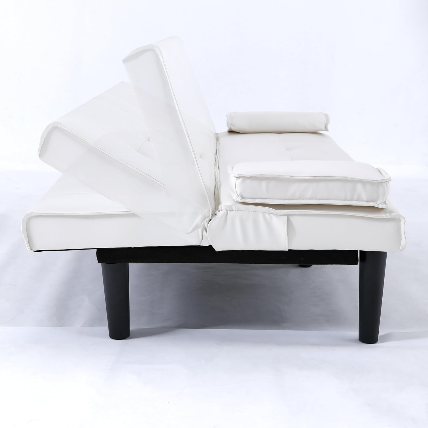 KEIKI 67' Convertible Sofa Bed with Cup Holder, 3 in 1 Futon Sleeper Sofa Chair, PVC Upholstered Sofa for Living Room or Office, White