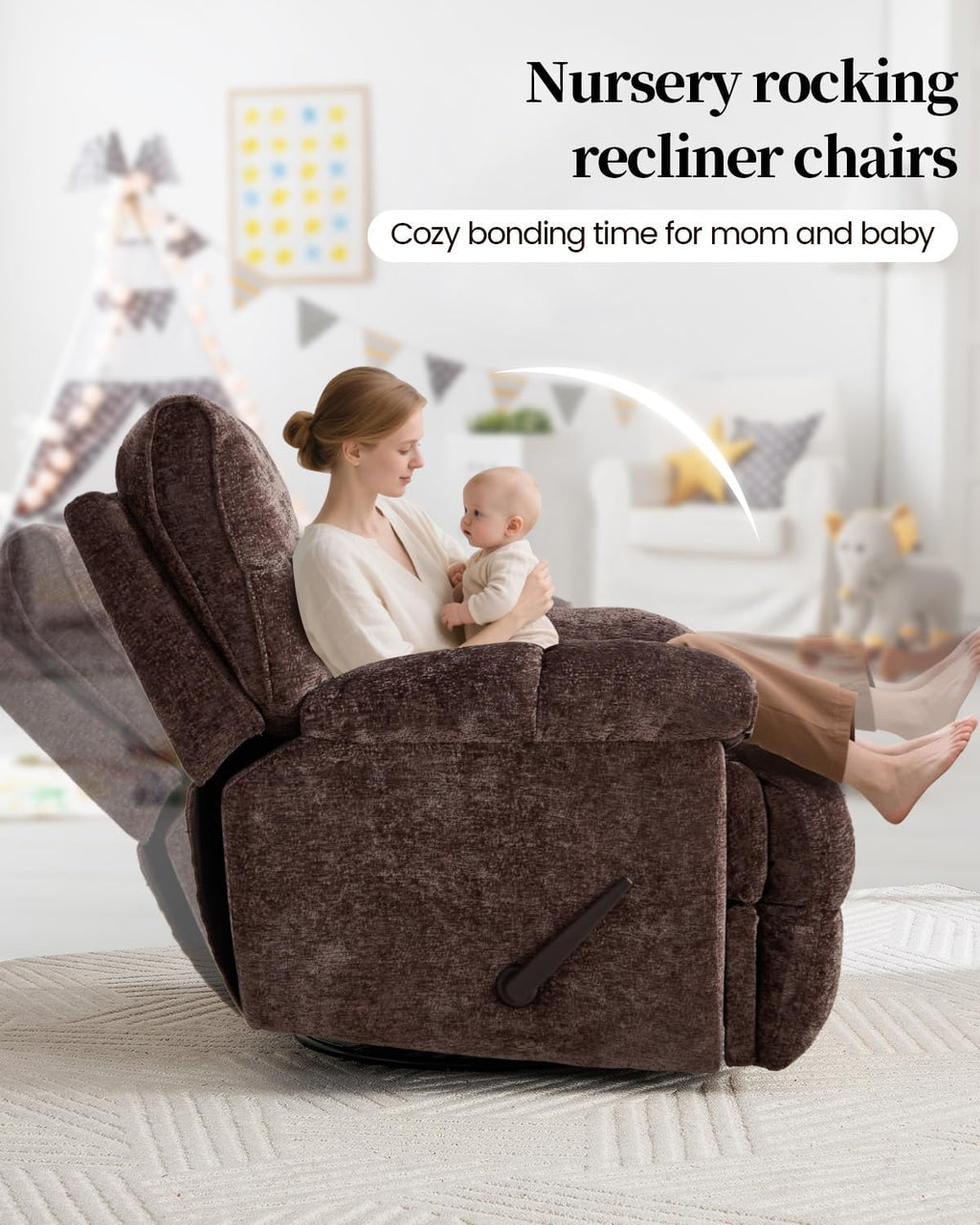 Oversized Manual Recliner Chair with 360° Swivel, Big and Tall Rocker Glider for Nursery Living Room, Chenille Overstuffed Reclining Sofa with Handle, 375lbs (Brown, Manual)