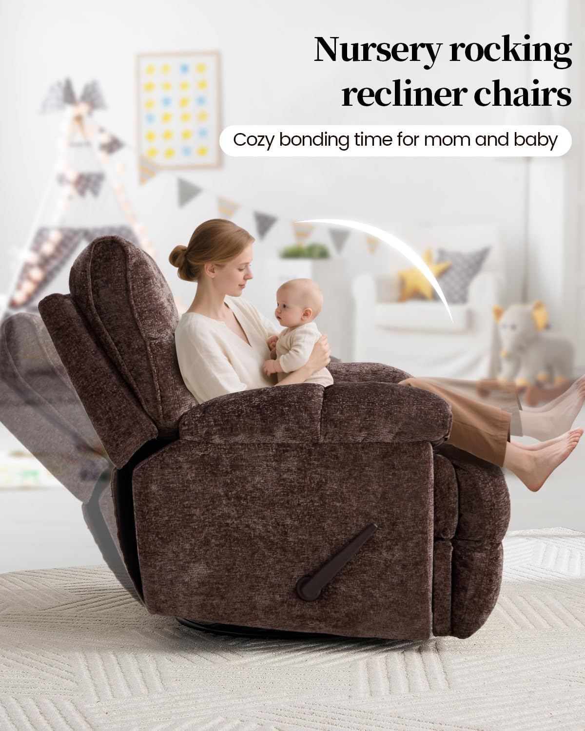Oversized Manual Recliner Chair with 360° Swivel, Big and Tall Rocker Glider for Nursery Living Room, Chenille Overstuffed Reclining Sofa with Handle, 375lbs (Brown, Manual)