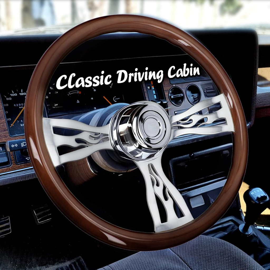 Sorghum 18' Solid Wood Steering Wheel - 3 Spokes Aluminum Chrome Classic Steering Wheel with Horn Button for Trucks Compatible with Mack Kenworth Peterbilt Volvo Freightliner-Flame Designs