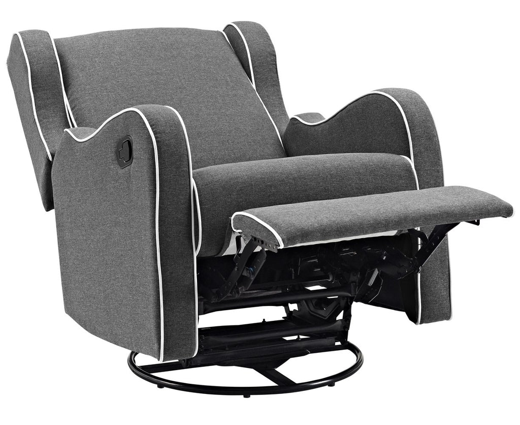 Angel Line Rebecca Upholstered Swivel Gliding Recliner, Dark Gray Linen with White Piping
