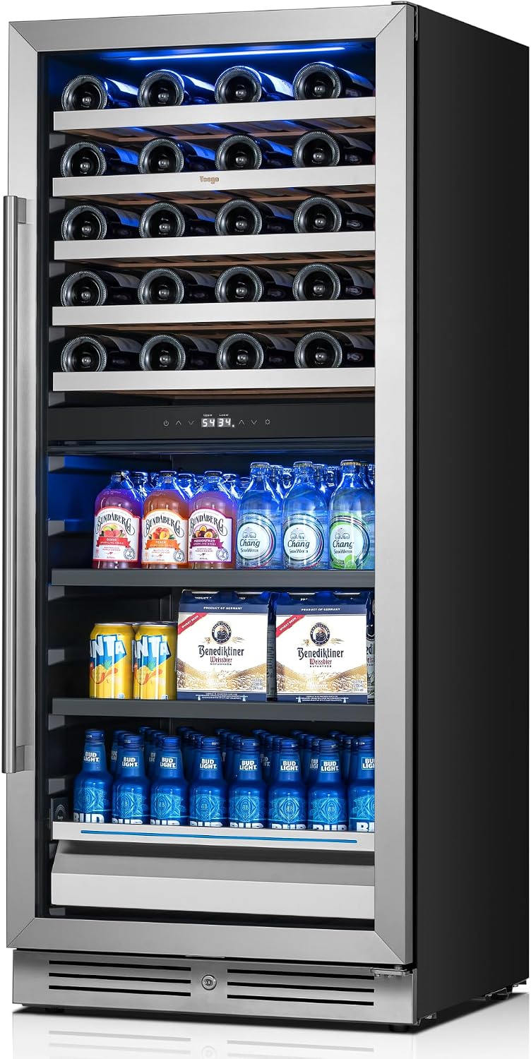 Yeego 24 Inch Wine Fridge – 34°F-65°F Wine and Beverage Cooler, 304 Stainless Steel Glass Door Lock, Temp Memory Blue & White LED Built-in Fridge with Adjustable Shelves (112 Can+40 Bottle)