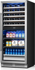Yeego 24 Inch Wine Fridge – 34°F-65°F Wine and Beverage Cooler, 304 Stainless Steel Glass Door Lock, Temp Memory Blue & White LED Built-in Fridge with Adjustable Shelves (112 Can+40 Bottle)