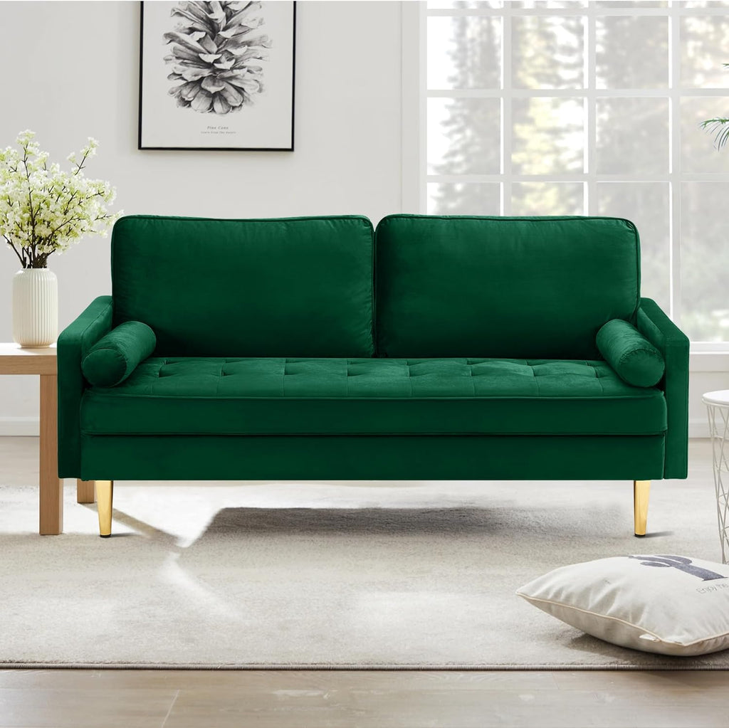 67' Modern Velvet Loveseat Sofa Couch, Mid-Century Tufted Upholstered Small Love Seat Couch with 2 Pillows & 4 Golden Legs, 2-Seats Couches for Compact Space, Living Room, Apartment (Emerald)