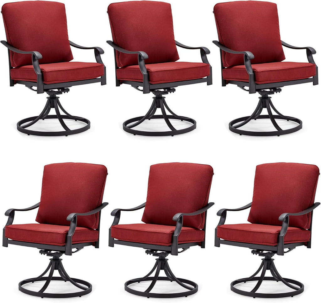 MELLCOM Patio Swivel Chair Set of 6, Heavy Duty Outdoor Dining Chairs with Thickened Cushions, Metal Patio Chairs Gentle Rocker for Outside, Garden Lawn & Porch, Backyard, Red