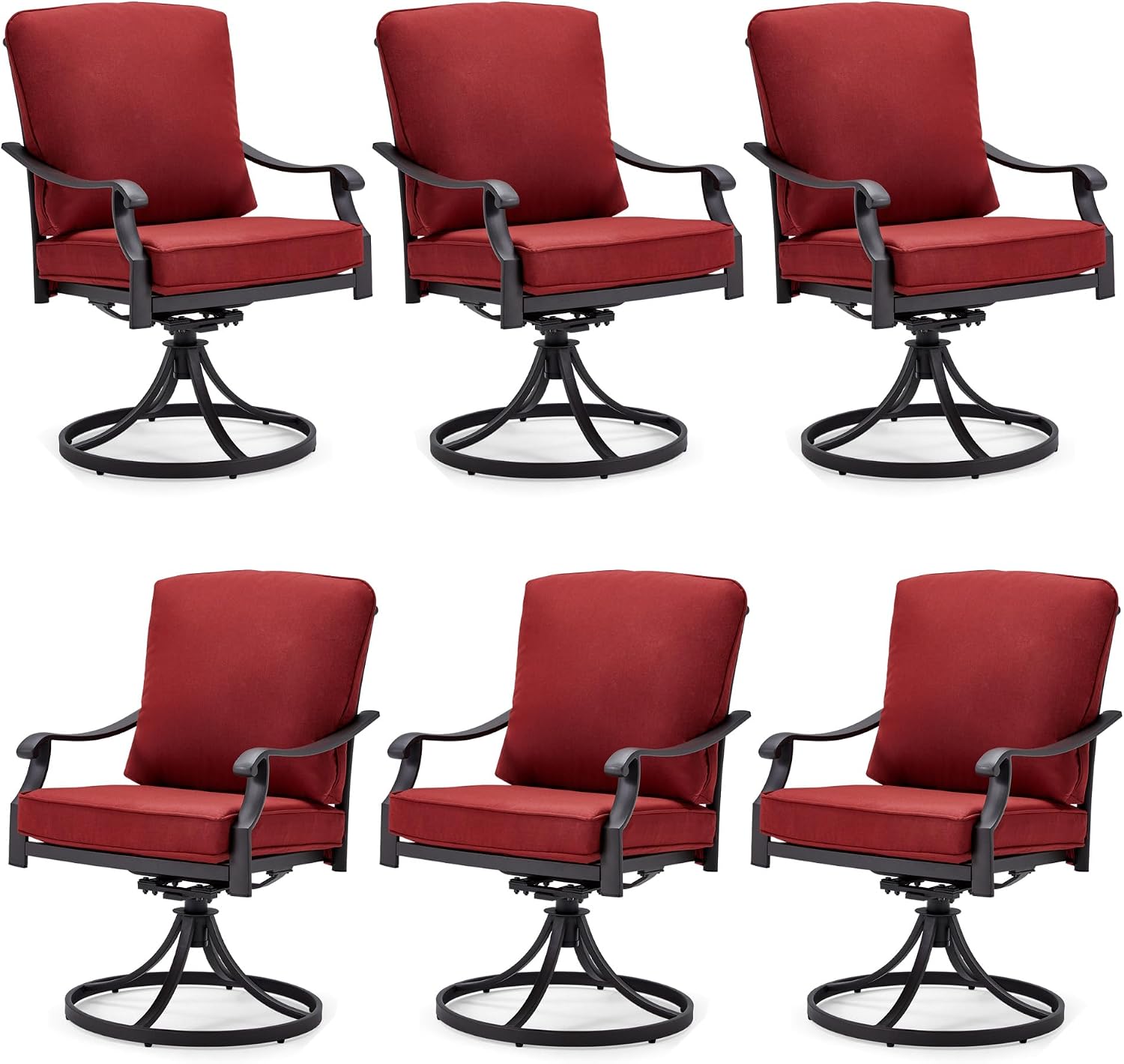 MELLCOM Patio Swivel Chair Set of 6, Heavy Duty Outdoor Dining Chairs with Thickened Cushions, Metal Patio Chairs Gentle Rocker for Outside, Garden Lawn & Porch, Backyard, Red