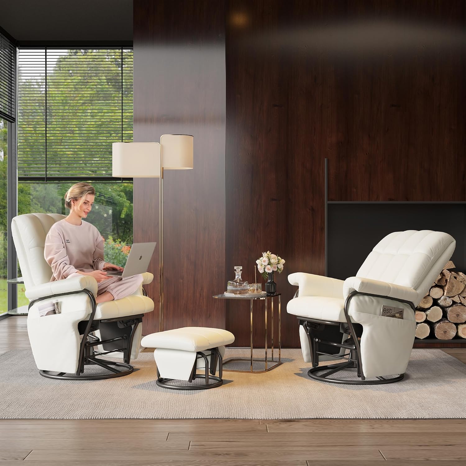 JIASTING 360° Swivel Leather Recliner Chair with Ottoman & Double Side Pockets, Nursing Glider Rocking Recliner Chair, Gliding Chairs for Nursery, Office, Living Room, Bedroom, Metal Frame (White)