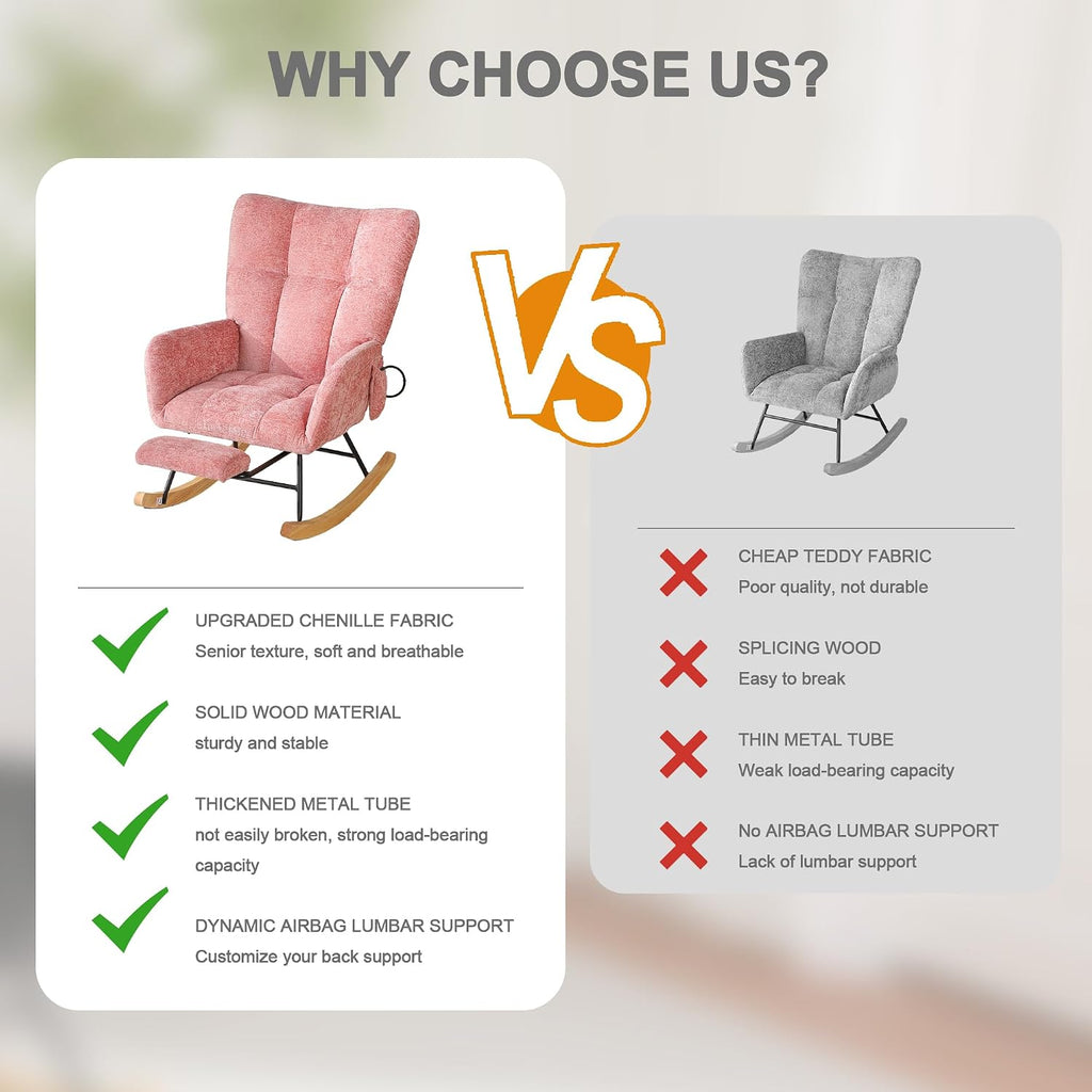 Rocking Chair Nursery with Airbag, Comfy Modern Nursery Rocking Reading Chair Indoor with Footrest, Cozy Upholstered Glider Rocker Chairs for Living Room Bedroom Offices(Chenille, Pink)