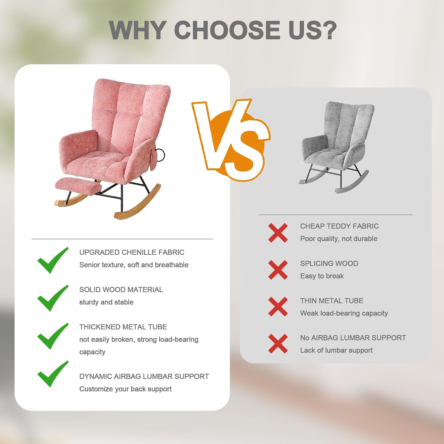 Rocking Chair Nursery with Airbag, Comfy Modern Nursery Rocking Reading Chair Indoor with Footrest, Cozy Upholstered Glider Rocker Chairs for Living Room Bedroom Offices(Chenille, Pink)