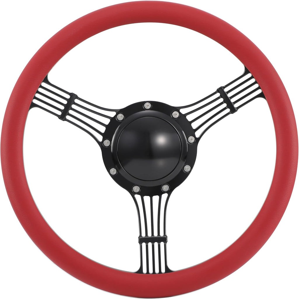 14'' Billet Banjo Half Wrap Steering Wheel with 9 Bolts 2'' Dish and Horn Button (Red)