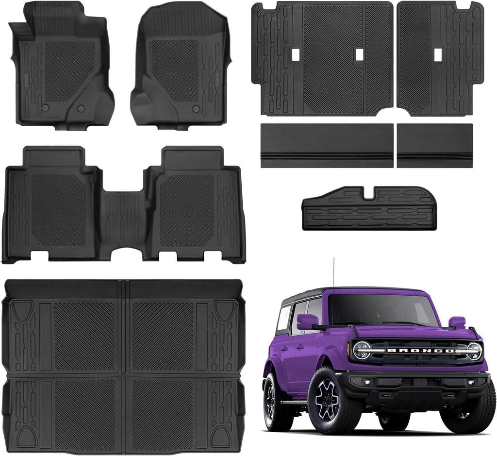 Floor Mats for Ford Bronco 4 Door 2026-2021 Full Sets All Weather Floor Mat for Ford Bronco Accessories 2026 2025 2024-2021 Rear Back Seat Cover Protector Trunk Frunk Cargo Liner Black