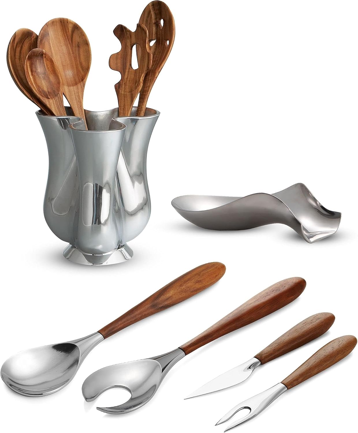 nambe Tulip Tool Jug with 5 Piece Kitchen Tool Set | Utensil Holder for Countertop with Assorted Kitchen Utensils | Made from Nambe Alloy and Acacia Wood