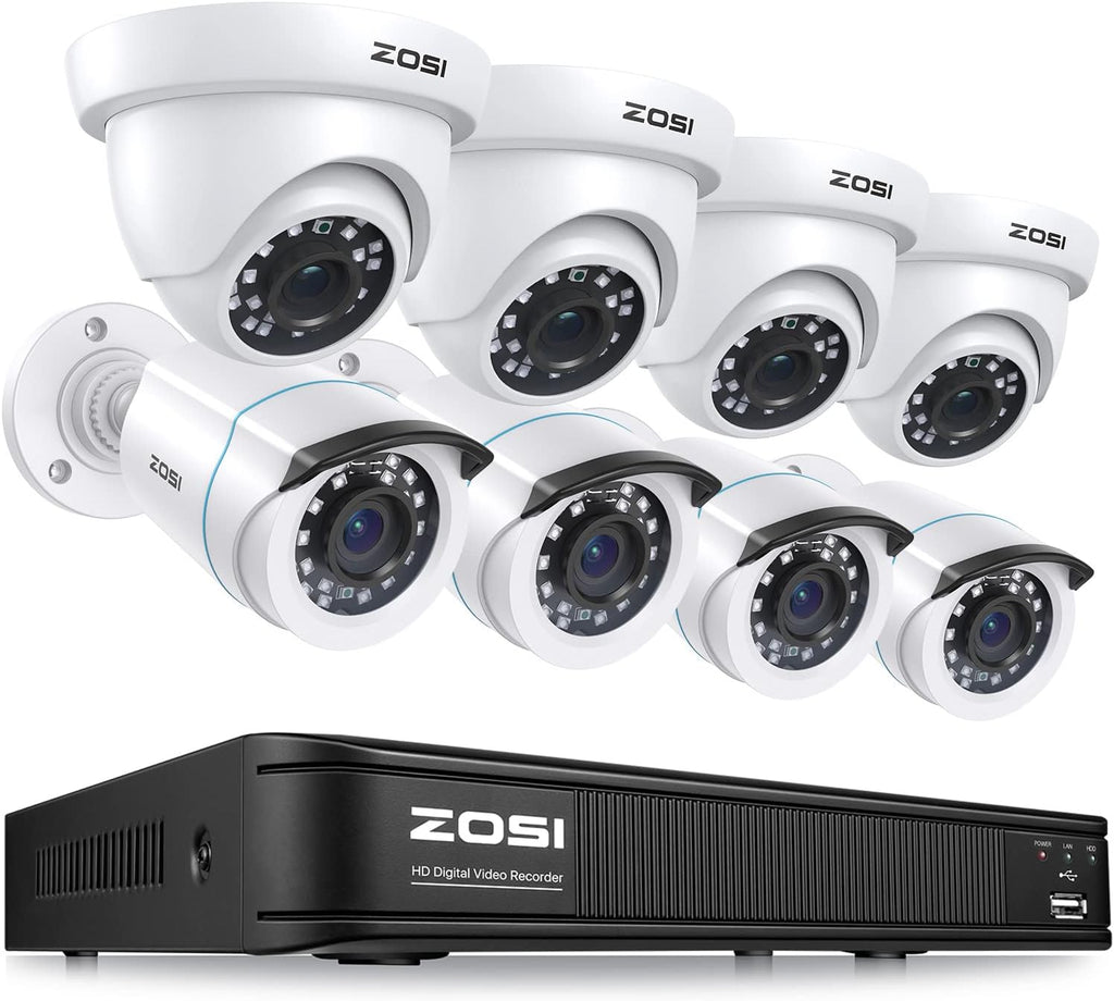 ZOSI H.265+ 8CH 1080p Home Security Camera System Indoor Outdoor, 5MP 8 Channel Lite CCTV DVR, 8 x 1080p Weatherproof Surveillance Bullet Dome Camera, Remote Access, Motion Detection (No HDD), White