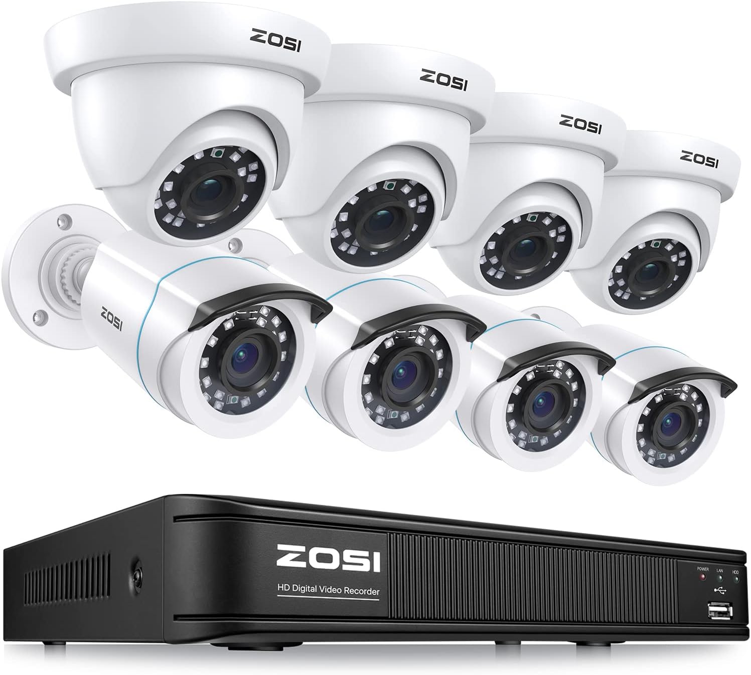 ZOSI H.265+ 8CH 1080p Home Security Camera System Indoor Outdoor, 5MP 8 Channel Lite CCTV DVR, 8 x 1080p Weatherproof Surveillance Bullet Dome Camera, Remote Access, Motion Detection (No HDD), White