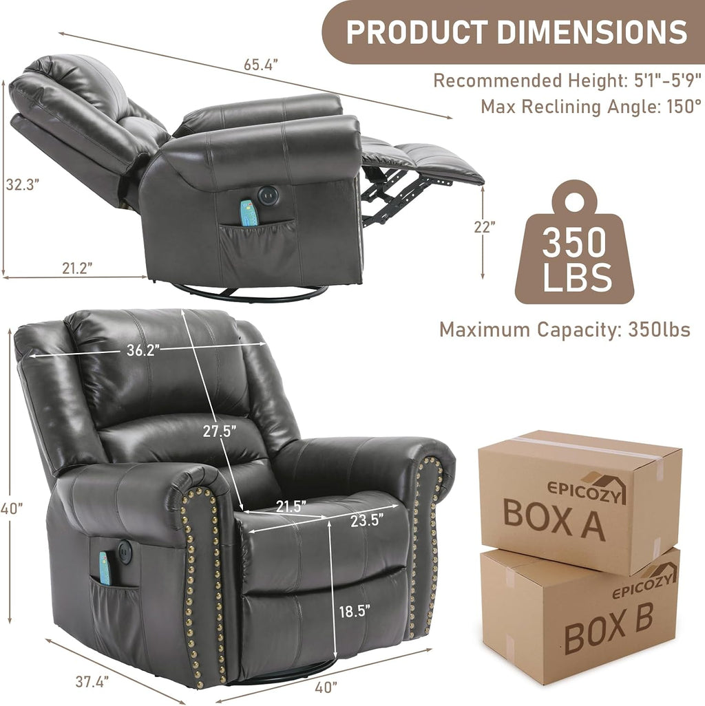 Manual Massage Swivel Rocker Recliner with Heat and Vibration, 360° Swivel Glider Rocking Recliner Chair, Classic Living Room Lounge Recliners with Side Pockets & USB Ports, Dark Gray