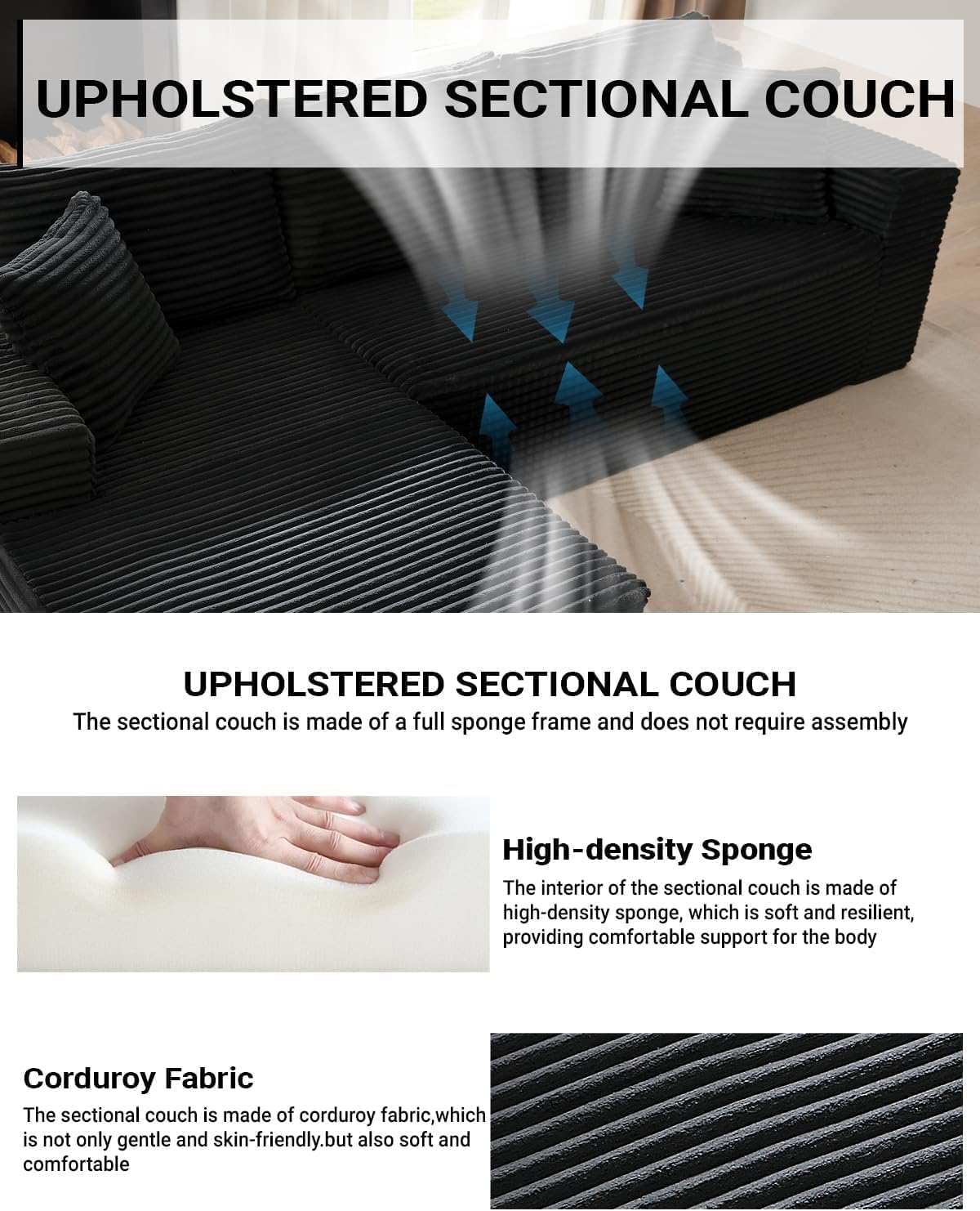 Cloud Couch Sectional, L Shaped Boneless Couch Sectional Couches for Living Room, Modern Comfy Corduroy Fluffy Modular Sofa with Deep Seat, No Assembly (Black, Right Facing Chaise)