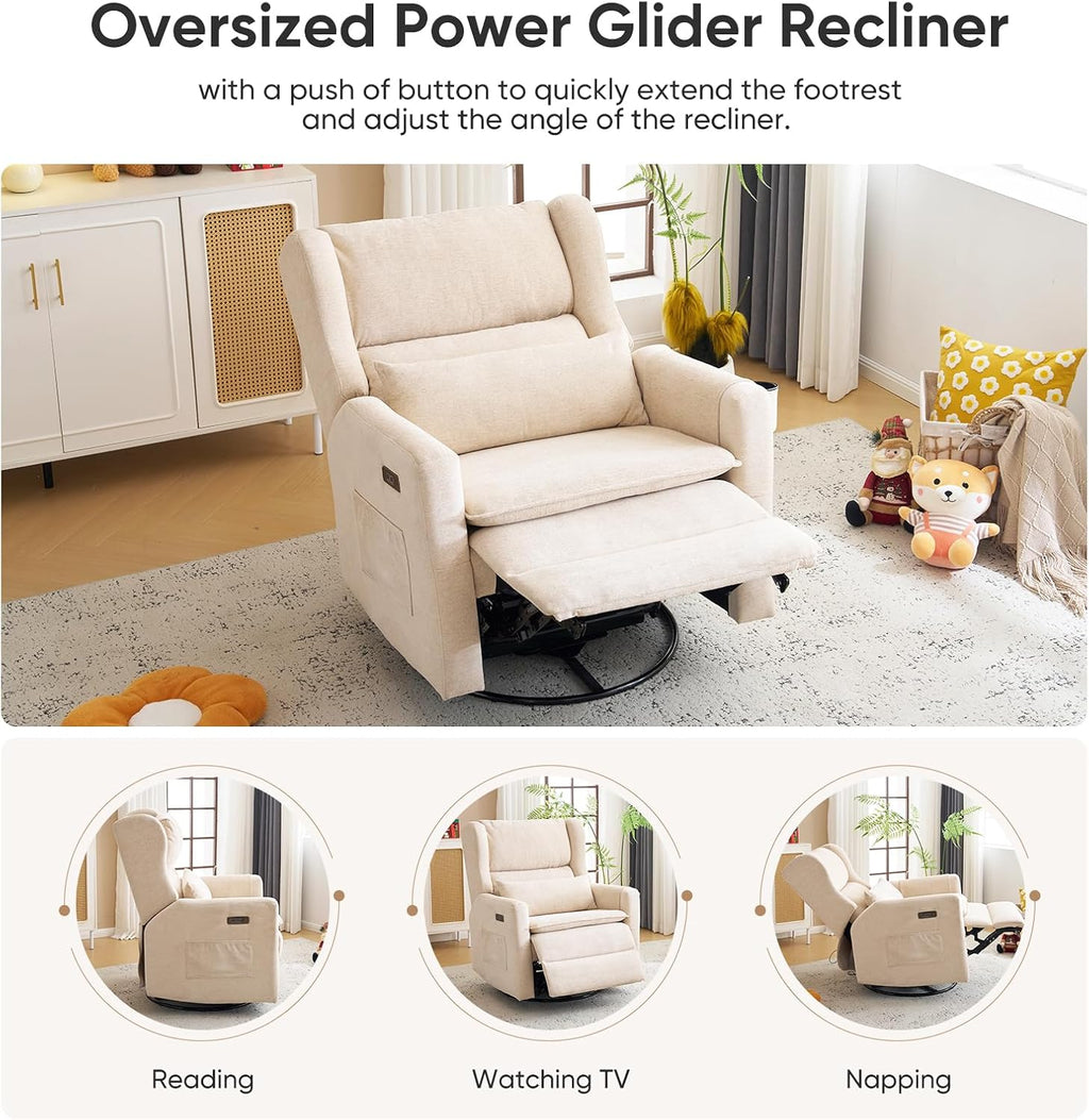 Swivel Rocker Recliner with Overstuffed Lumbar Support,Oversized Rocking Chair Nursery with Adjustable Headrest,Power Recliner Nursery Chair for Living Room,Beige