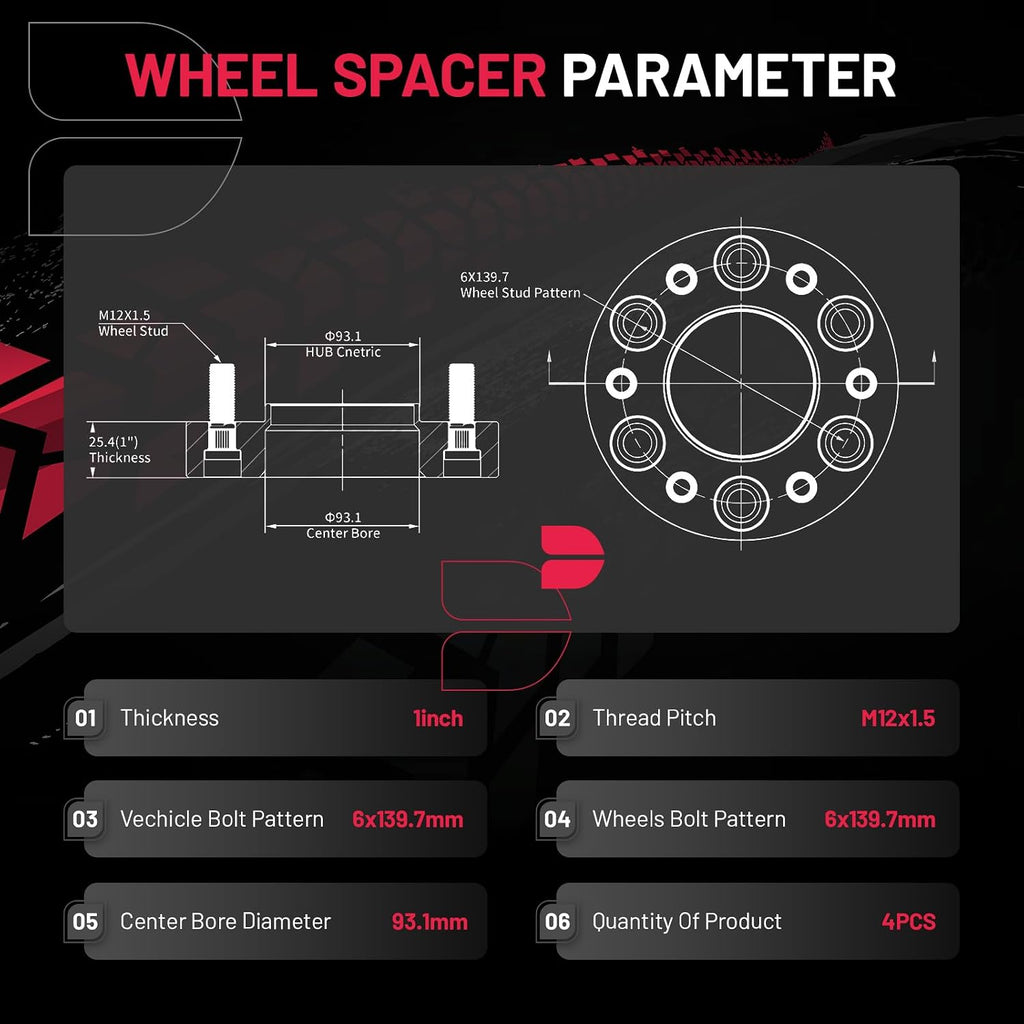 BDFHYK 6x139.7mm Wheel Spacers 1 inch 6x5.5 Hubcentric Wheel Spacer Compatible with 21-23 Bronco,11-23 Ranger, Forged 6 Lug Wheel Adapters M12x1.5 & 93.1mm Hub Bore, Set of 4