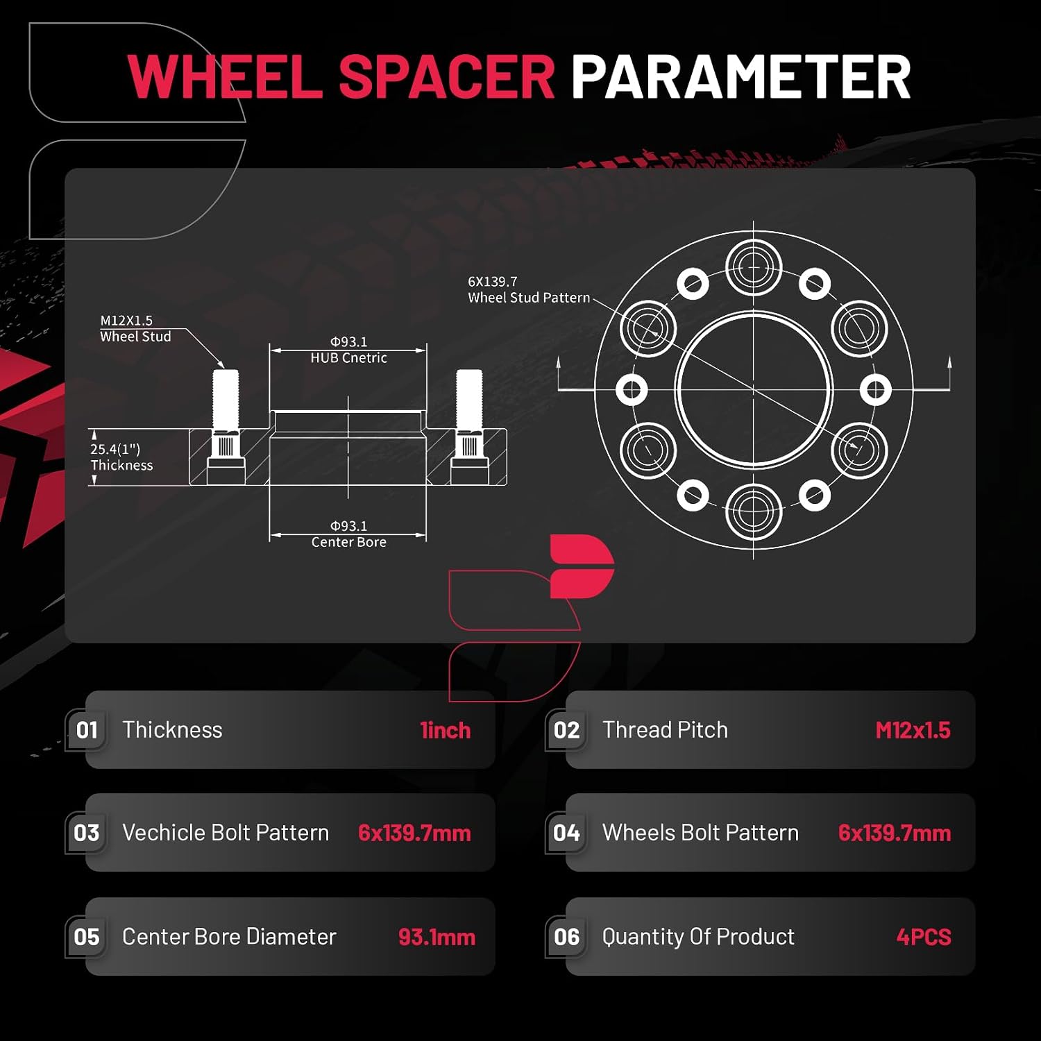 BDFHYK 6x139.7mm Wheel Spacers 1 inch 6x5.5 Hubcentric Wheel Spacer Compatible with 21-23 Bronco,11-23 Ranger, Forged 6 Lug Wheel Adapters M12x1.5 & 93.1mm Hub Bore, Set of 4