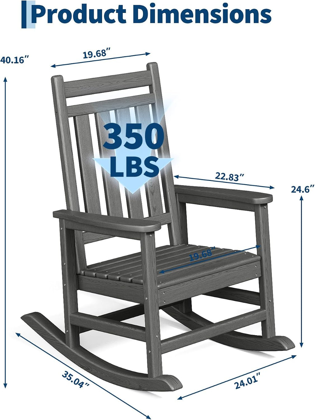 Garvee HDPE Rocking Chair Outdoor- Poly High Back Porch Rocker Chairs for Adults - All Weather Resistant Furniture for Patio Front Porch - Gray