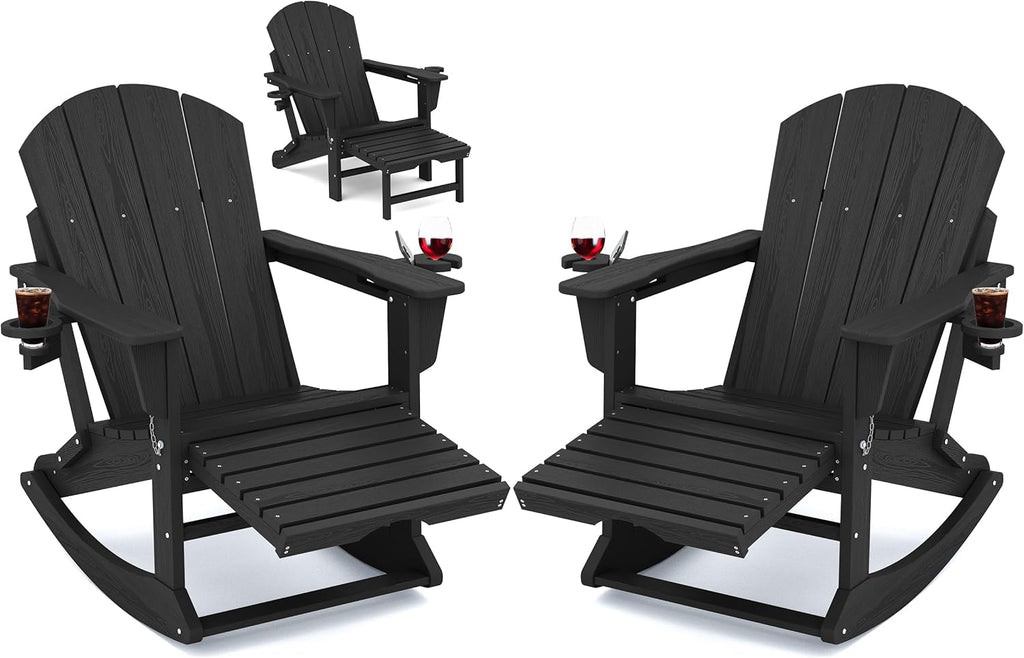 KINGYES Adirondack Rocking Chair Set of 2 with Retractable Ottoman and Cup Holders, HDPE Adirondack Rocker Patio Rocking Chair for Porch, Patio, Balcony, Black