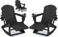 KINGYES Adirondack Rocking Chair Set of 2 with Retractable Ottoman and Cup Holders, HDPE Adirondack Rocker Patio Rocking Chair for Porch, Patio, Balcony, Black